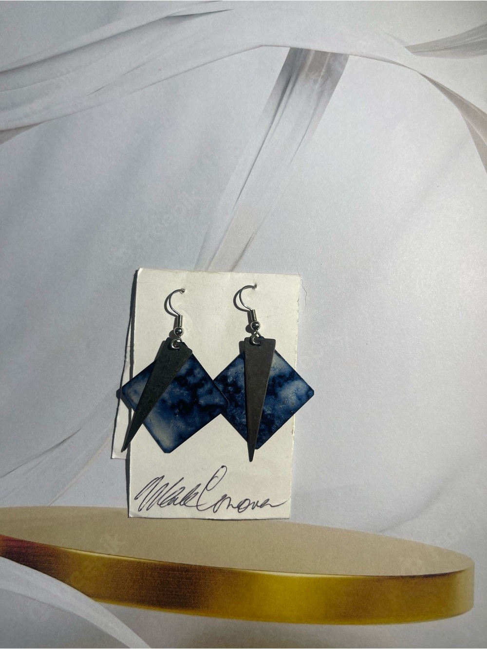 Navy Marbled Diamond Drop Earrings with Gunmetal Spikes